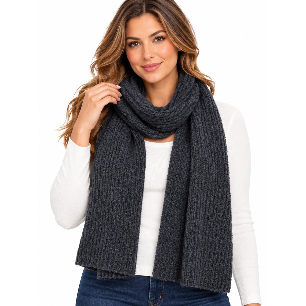LL Bean Cozy Cloud Scarf Carbon Navy Blue Ribbed Wool Blend Knit 515216 NWT